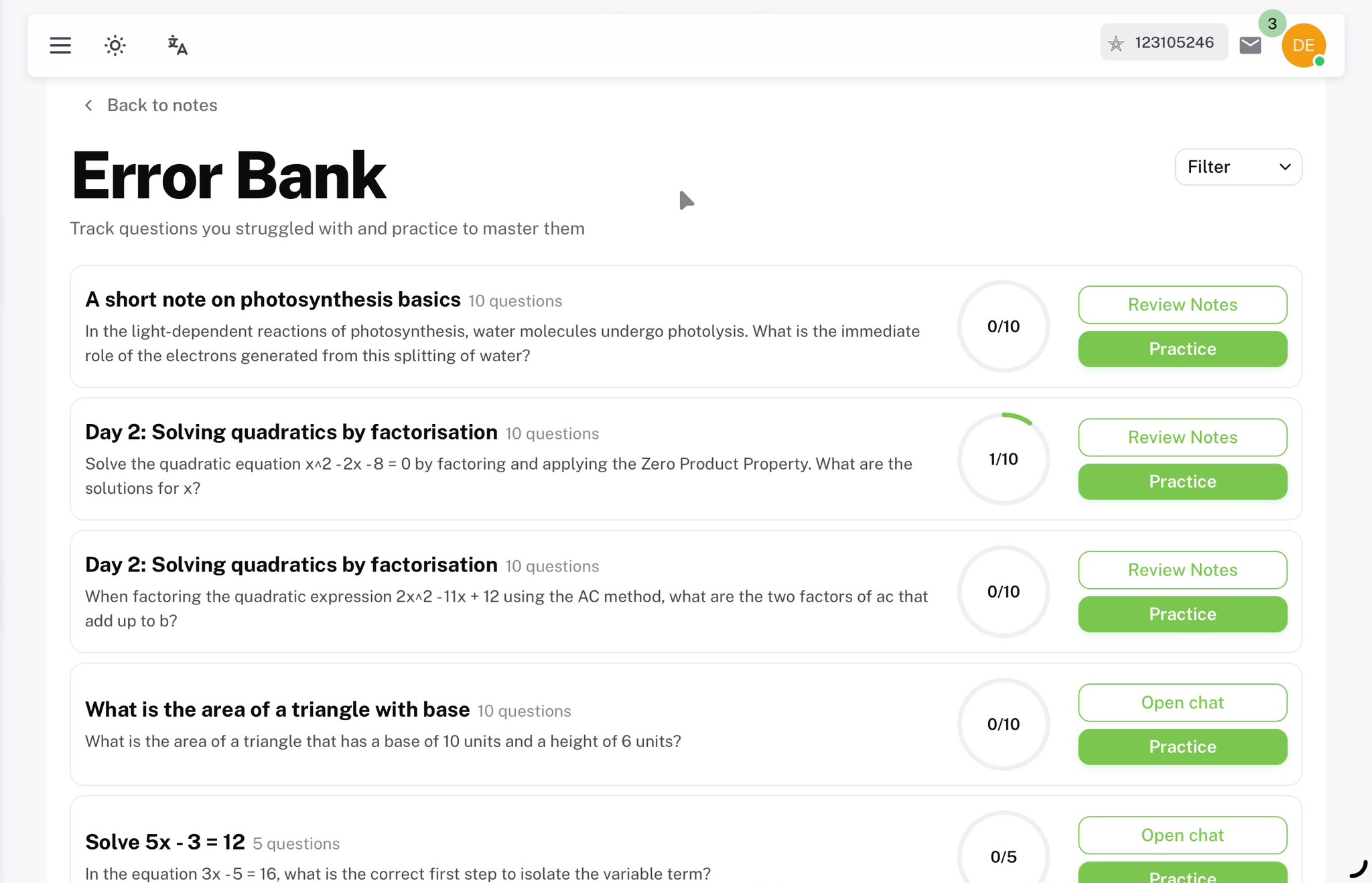 Individual Error Bank interface
