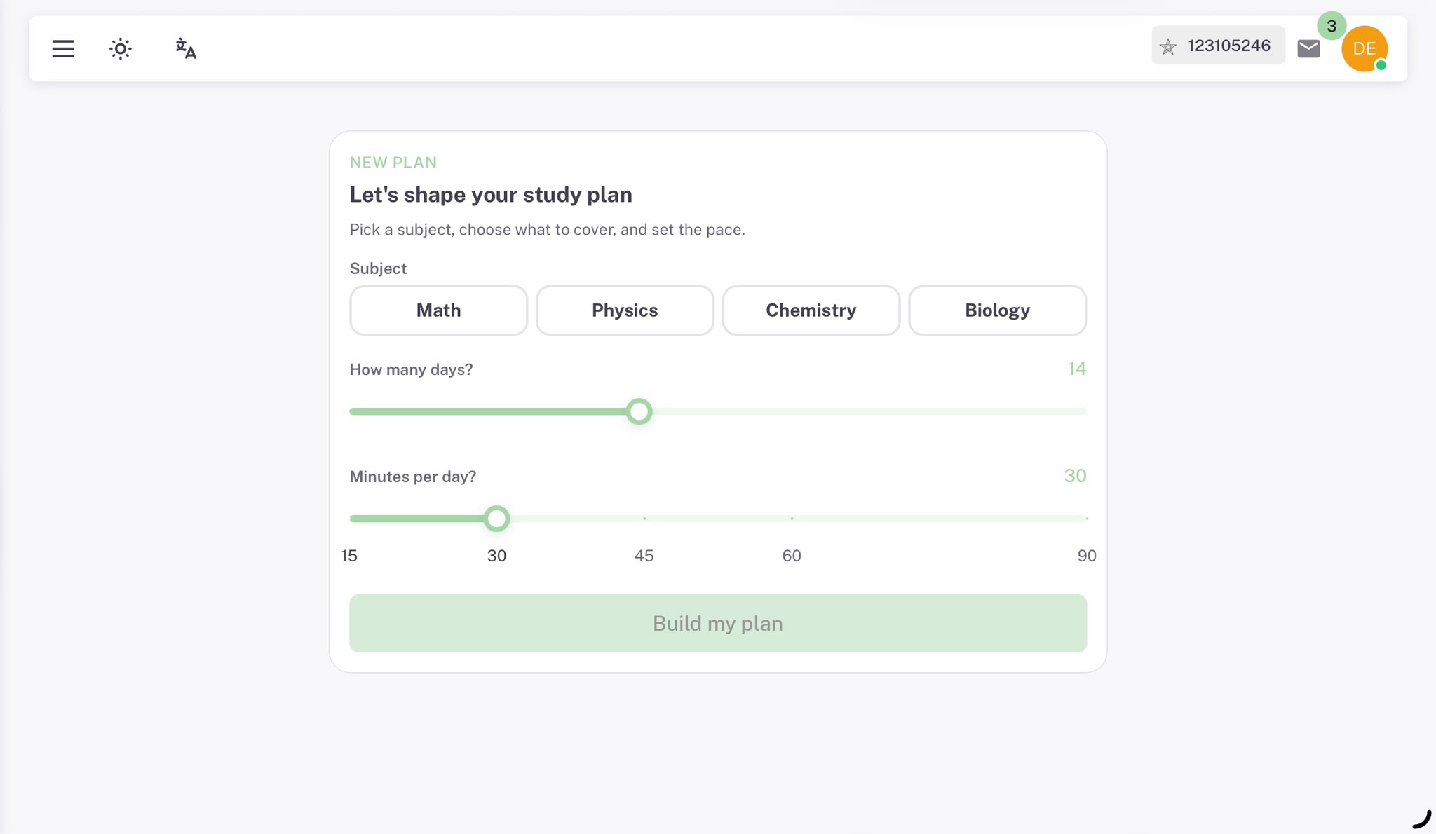 Study Planner interface