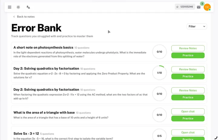 EdSpark system screen: Individual Error Bank for Revision