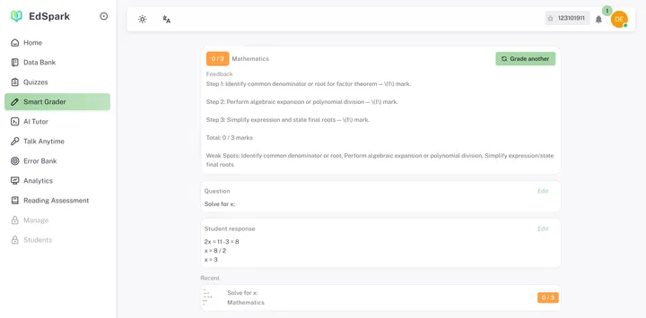 EdSpark system screen: Smart Grader